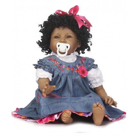 22" Reborn Baby Dolls Girls African American Soft Silicone Vinyl Newborn Realistic Handmade Weighted Baby Denim Dress Gift Se...