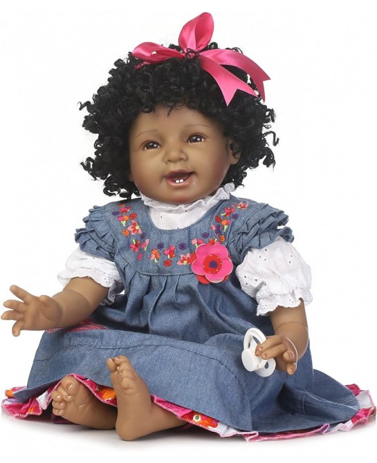 22" Reborn Baby Dolls Girls African American Soft Silicone Vinyl Newborn Realistic Handmade Weighted Baby Denim Dress Gift Se...