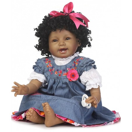 22" Reborn Baby Dolls Girls African American Soft Silicone Vinyl Newborn Realistic Handmade Weighted Baby Denim Dress Gift Se...