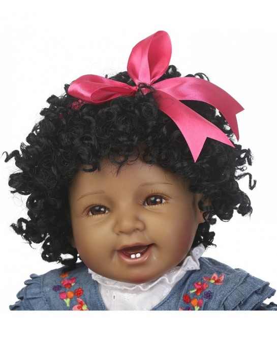 22" Reborn Baby Dolls Girls African American Soft Silicone Vinyl Newborn Realistic Handmade Weighted Baby Denim Dress Gift Se...