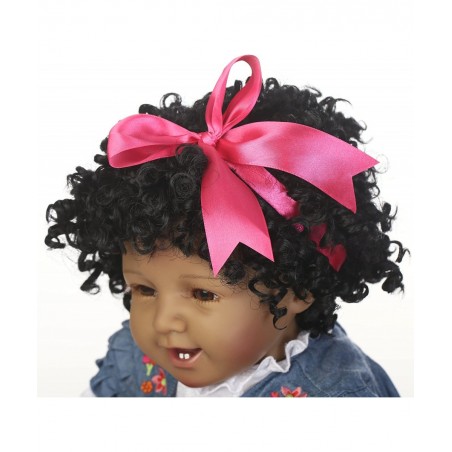 22" Reborn Baby Dolls Girls African American Soft Silicone Vinyl Newborn Realistic Handmade Weighted Baby Denim Dress Gift Se...