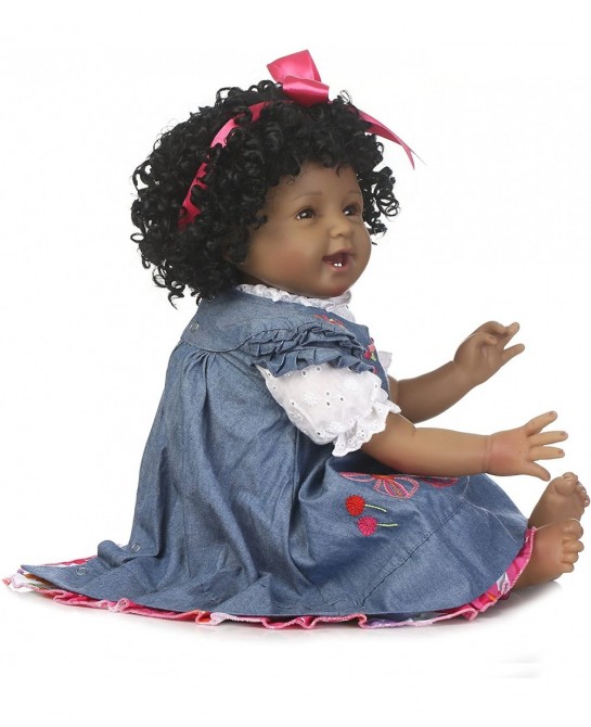 22" Reborn Baby Dolls Girls African American Soft Silicone Vinyl Newborn Realistic Handmade Weighted Baby Denim Dress Gift Se...