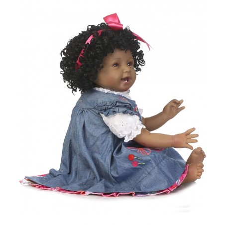 22" Reborn Baby Dolls Girls African American Soft Silicone Vinyl Newborn Realistic Handmade Weighted Baby Denim Dress Gift Se...