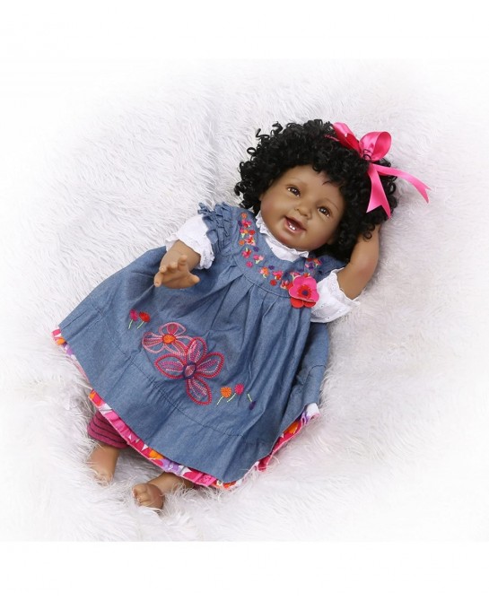 22" Reborn Baby Dolls Girls African American Soft Silicone Vinyl Newborn Realistic Handmade Weighted Baby Denim Dress Gift Se...