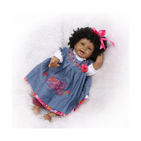 22" Reborn Baby Dolls Girls African American Soft Silicone Vinyl Newborn Realistic Handmade Weighted Baby Denim Dress Gift Se...