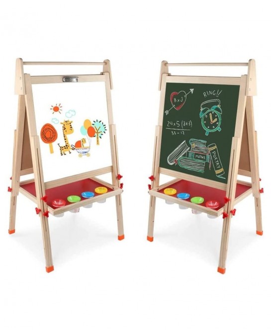 Kids Wooden Art Easel Double-Sided Whiteboard and Chalkboard Adjustable Standing Easel with Paper Roll Holder Letters and Num...