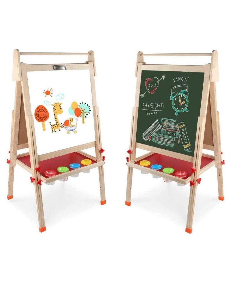 Kids Wooden Art Easel Double-Sided Whiteboard and Chalkboard Adjustable Standing Easel with Paper Roll Holder Letters and Num...