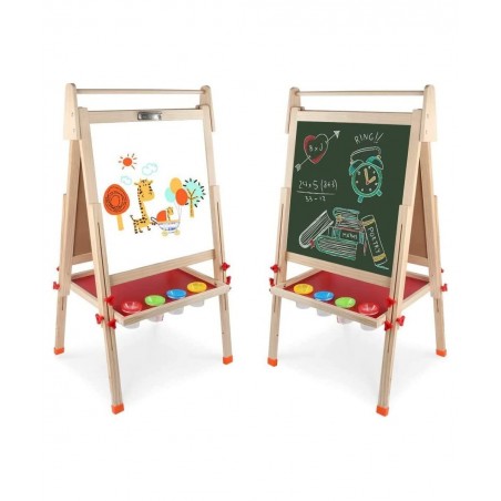 Kids Wooden Art Easel Double-Sided Whiteboard and Chalkboard Adjustable Standing Easel with Paper Roll Holder Letters and Num...