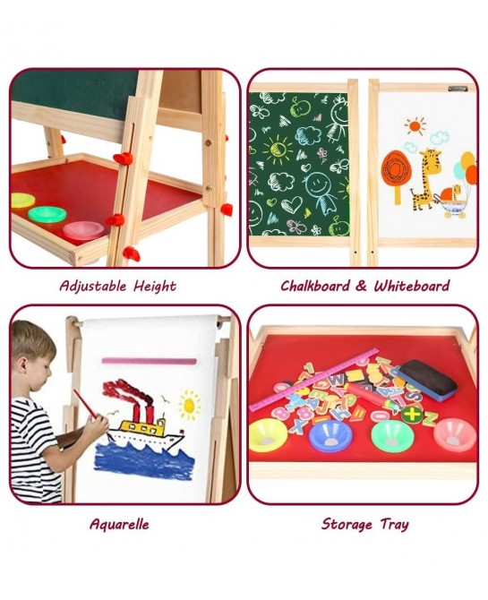 Kids Wooden Art Easel Double-Sided Whiteboard and Chalkboard Adjustable Standing Easel with Paper Roll Holder Letters and Num...