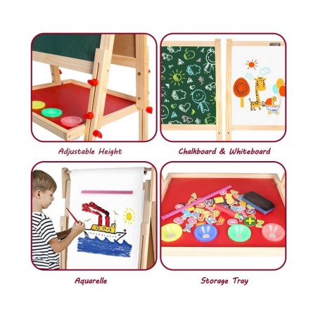 Kids Wooden Art Easel Double-Sided Whiteboard and Chalkboard Adjustable Standing Easel with Paper Roll Holder Letters and Num...