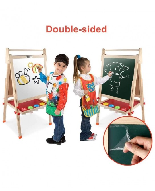 Kids Wooden Art Easel Double-Sided Whiteboard and Chalkboard Adjustable Standing Easel with Paper Roll Holder Letters and Num...