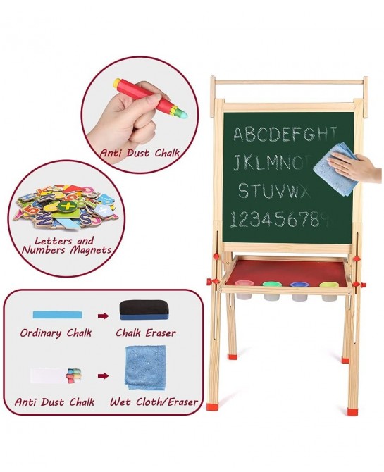 Kids Wooden Art Easel Double-Sided Whiteboard and Chalkboard Adjustable Standing Easel with Paper Roll Holder Letters and Num...