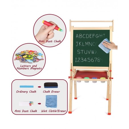 Kids Wooden Art Easel Double-Sided Whiteboard and Chalkboard Adjustable Standing Easel with Paper Roll Holder Letters and Num...