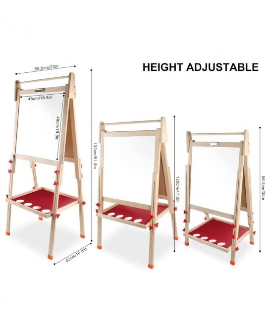 Kids Wooden Art Easel Double-Sided Whiteboard and Chalkboard Adjustable Standing Easel with Paper Roll Holder Letters and Num...