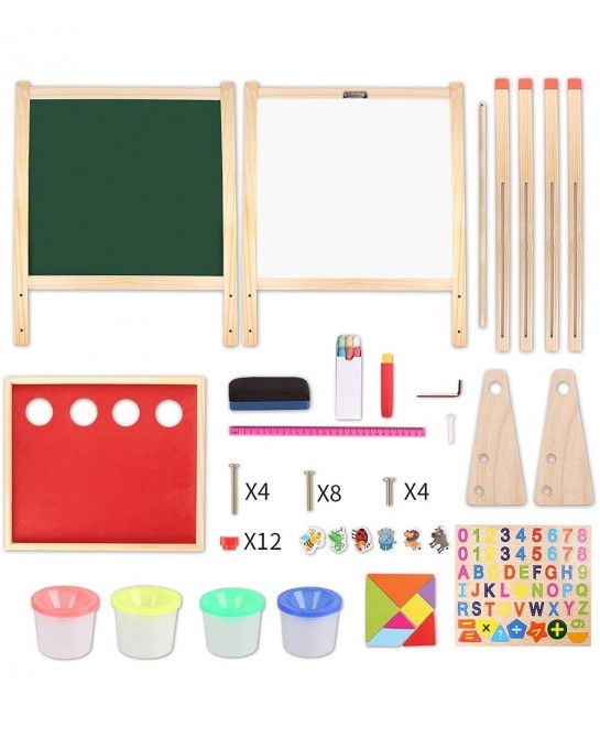 Kids Wooden Art Easel Double-Sided Whiteboard and Chalkboard Adjustable Standing Easel with Paper Roll Holder Letters and Num...