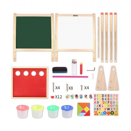 Kids Wooden Art Easel Double-Sided Whiteboard and Chalkboard Adjustable Standing Easel with Paper Roll Holder Letters and Num...