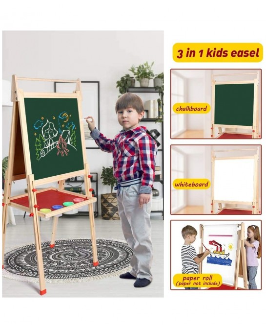 Kids Wooden Art Easel Double-Sided Whiteboard and Chalkboard Adjustable Standing Easel with Paper Roll Holder Letters and Num...