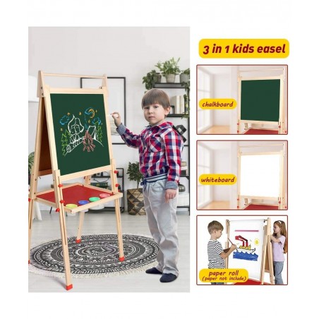 Kids Wooden Art Easel Double-Sided Whiteboard and Chalkboard Adjustable Standing Easel with Paper Roll Holder Letters and Num...