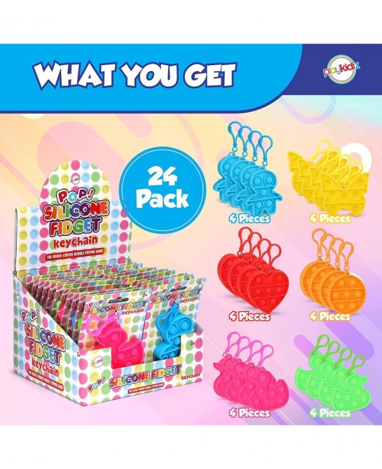 Playkidz Pop It Keychain Fidget Keychain Mini Pop It Set 24 Mini Pop Pack Fidget Keychain Multiple Shapes & Colors Stress Rel...