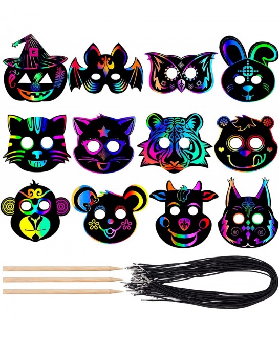 Halloween Mask Craft Kit for Kids DIY Rainbow Scratch Art Masks with 12 Elastic Bands and 3 Wood Stylus Halloween Scratch Pap...