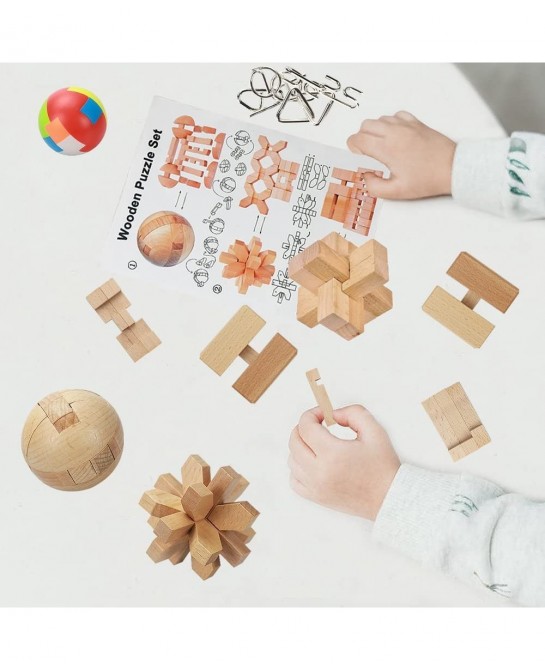 17 Pack Brain Teasers Puzzles for Kids & Adults Brain Teasers Metal and Wooden IQ Puzzle Toys Mind Game 3D Coil Cast Wire Unl...
