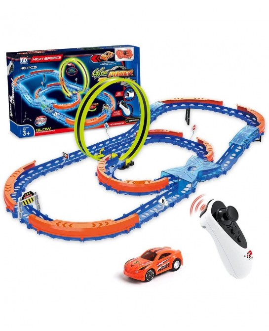 Race Car Track Set Assembled Car Track Toys with 46 Pcs Building Kits High Speed Glow Race Car Track Set with 360° Loop X-Typ...