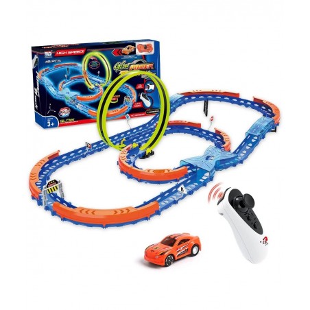 Race Car Track Set Assembled Car Track Toys with 46 Pcs Building Kits High Speed Glow Race Car Track Set with 360° Loop X-Typ...