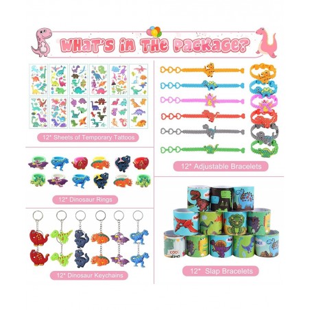 60 PCs Dinosaur Party Favors for Kids Slap Bracelets Temporary Tattoos Keychain Ring Bracelet Dinosaur Birthday Party Supplie...