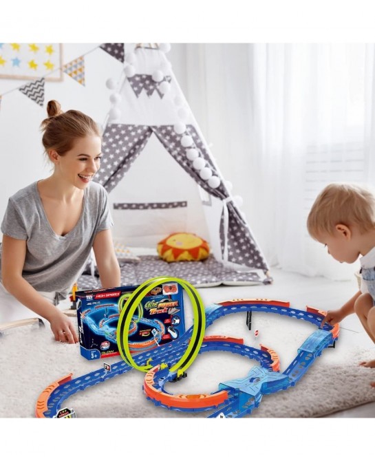 Race Car Track Set Assembled Car Track Toys with 46 Pcs Building Kits High Speed Glow Race Car Track Set with 360° Loop X-Typ...