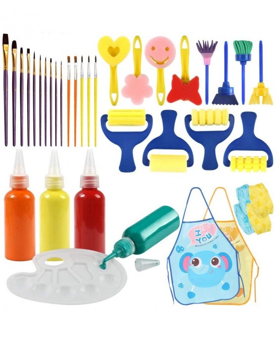 Washable Finger Paint Set Early Learning Kids Paint Set with Assorted Sponge Paint Brushes Smock Palette for Kids Home Activi...