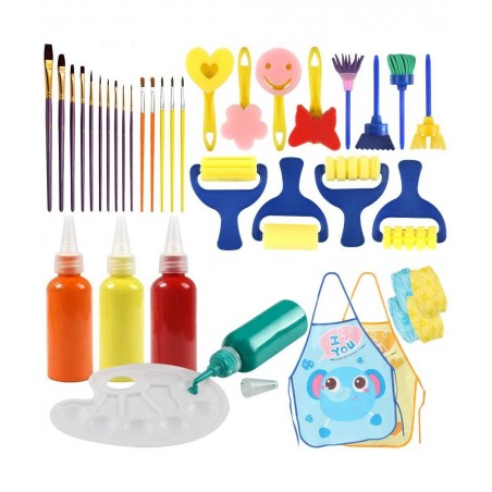 Washable Finger Paint Set Early Learning Kids Paint Set with Assorted Sponge Paint Brushes Smock Palette for Kids Home Activi...