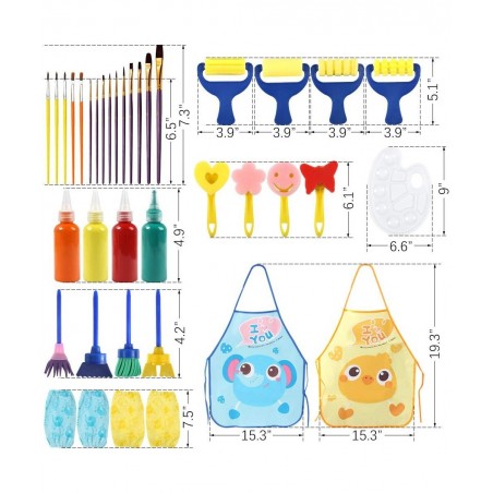 Washable Finger Paint Set Early Learning Kids Paint Set with Assorted Sponge Paint Brushes Smock Palette for Kids Home Activi...