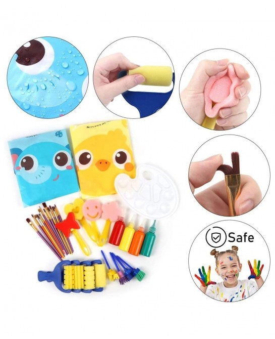 Washable Finger Paint Set Early Learning Kids Paint Set with Assorted Sponge Paint Brushes Smock Palette for Kids Home Activi...