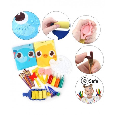 Washable Finger Paint Set Early Learning Kids Paint Set with Assorted Sponge Paint Brushes Smock Palette for Kids Home Activi...