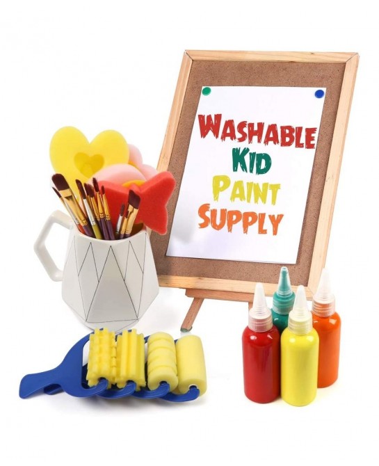 Washable Finger Paint Set Early Learning Kids Paint Set with Assorted Sponge Paint Brushes Smock Palette for Kids Home Activi...