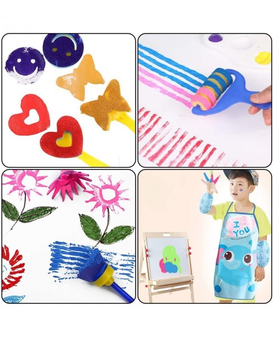 Washable Finger Paint Set Early Learning Kids Paint Set with Assorted Sponge Paint Brushes Smock Palette for Kids Home Activi...