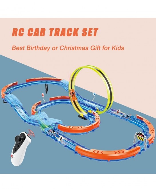 Race Car Track Set Assembled Car Track Toys with 46 Pcs Building Kits High Speed Glow Race Car Track Set with 360° Loop X-Typ...