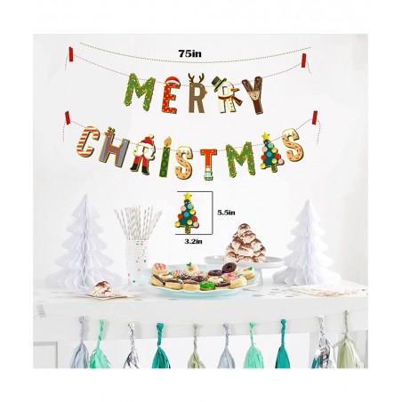 Merry Christmas Banner Decorations Glittery - Bunting Garland for Xmas Party Supplies Home and Outdoor Holiday Office Firepla...
