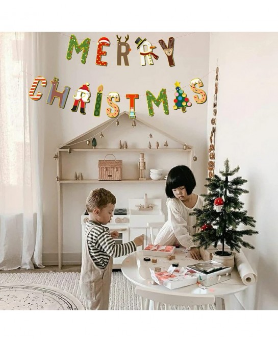 Merry Christmas Banner Decorations Glittery - Bunting Garland for Xmas Party Supplies Home and Outdoor Holiday Office Firepla...