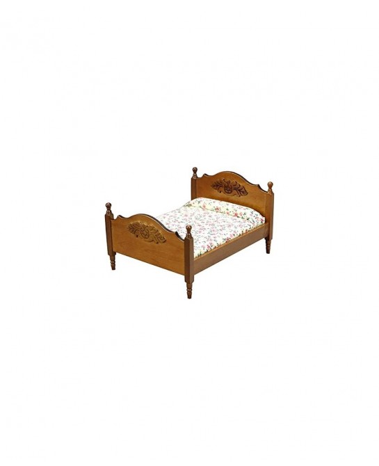 1:12 Doll Vintage Handcraft Flower Landscape Print Double Bed Dollhouse Miniature Furniture Wooden Single Bed Traditional Flo...