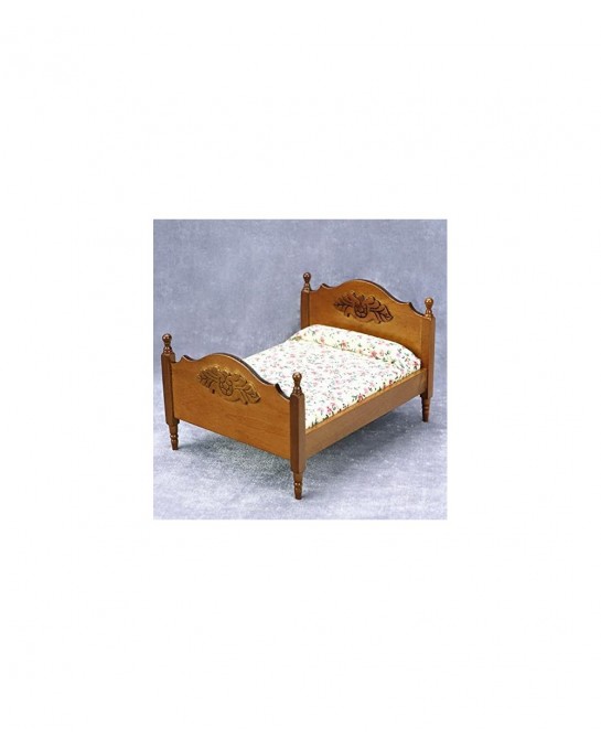 1:12 Doll Vintage Handcraft Flower Landscape Print Double Bed Dollhouse Miniature Furniture Wooden Single Bed Traditional Flo...