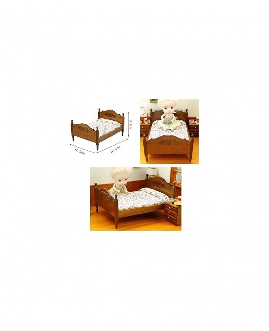 1:12 Doll Vintage Handcraft Flower Landscape Print Double Bed Dollhouse Miniature Furniture Wooden Single Bed Traditional Flo...