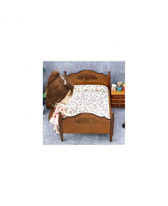 1:12 Doll Vintage Handcraft Flower Landscape Print Double Bed Dollhouse Miniature Furniture Wooden Single Bed Traditional Flo...