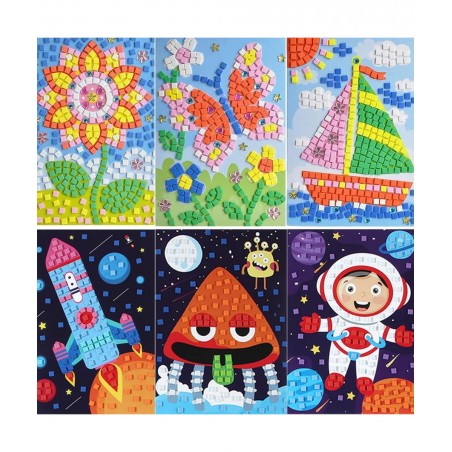 Mosaic Sticker Art Sticky DIY Handmade Art Kits for Kids-Sunflower Butterfly Sailboat Woodpecker Hot air Balloon Airplane Ast...