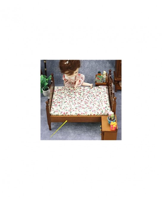 1:12 Doll Vintage Handcraft Flower Landscape Print Double Bed Dollhouse Miniature Furniture Wooden Single Bed Traditional Flo...
