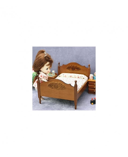 1:12 Doll Vintage Handcraft Flower Landscape Print Double Bed Dollhouse Miniature Furniture Wooden Single Bed Traditional Flo...