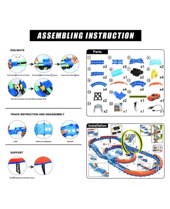 Race Car Track Set Assembled Car Track Toys with 46 Pcs Building Kits High Speed Glow Race Car Track Set with 360° Loop X-Typ...