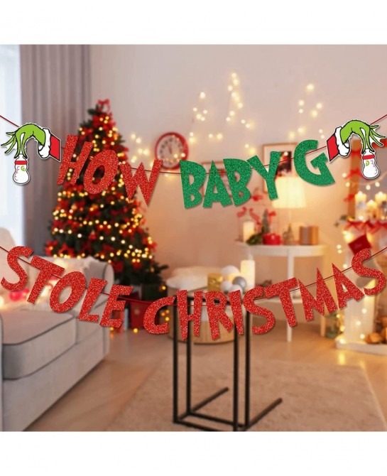 How The Baby G Stole Christmas Banner Christmas Baby Shower Decorations Grinch Baby Shower Decorations Christmas Grinch Baby ...