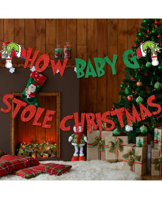How The Baby G Stole Christmas Banner Christmas Baby Shower Decorations Grinch Baby Shower Decorations Christmas Grinch Baby ...