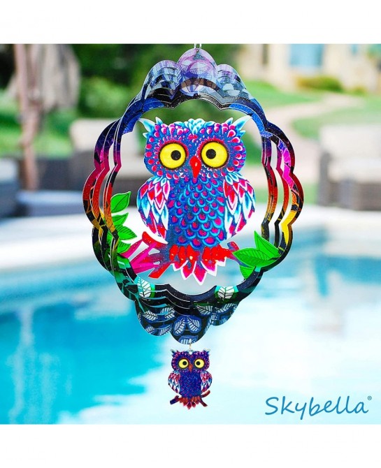 Wind Spinners - Owl Wind Spinner with Bonus Keychain Pendant. 12 inch Wind Spinner. Hanging Wind Spinners for Yard and Garden...
